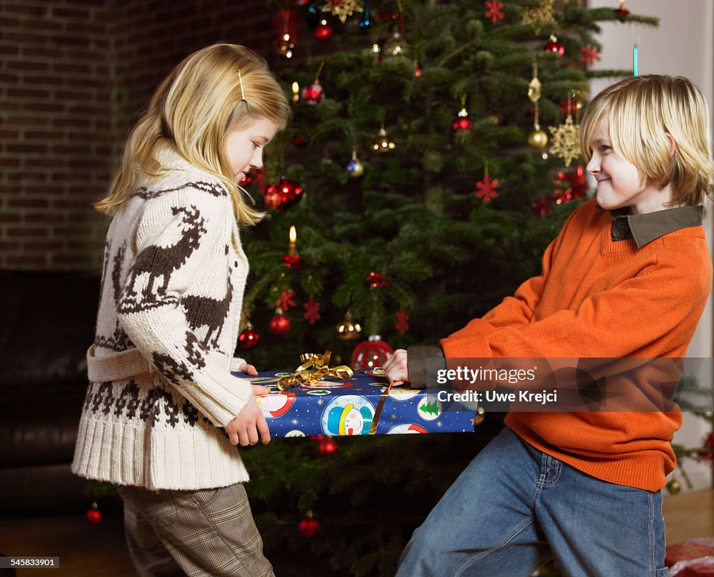 Two Siblings Fighting Over a Christmas Present