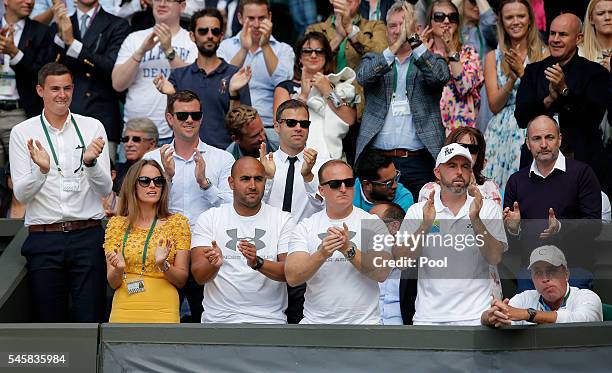 Kim Sears, Shane Annun, Matt Little, Jamie Dalgado and Ivan Lendl watch on during the Men's Singles Final match between Andy Murray of Great Britain...