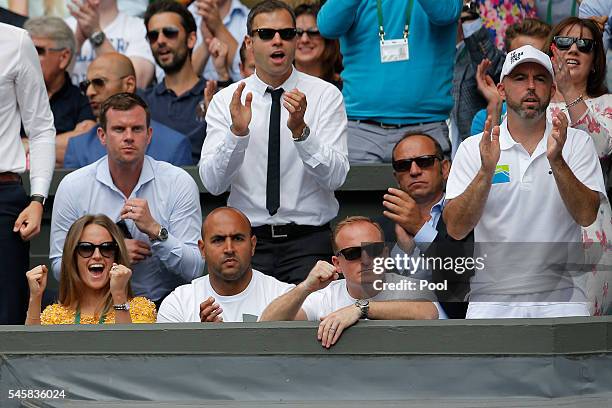 Kim Sears, Shane Annun, Matt Little and Jamie Dalgado watch on during the Men's Singles Final match between Andy Murray of Great Britain and Milos...