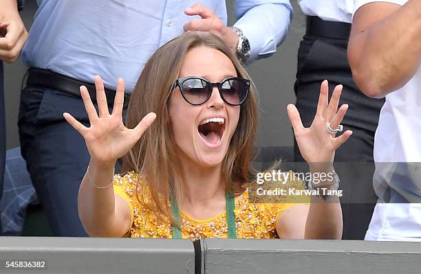 Kim Murray attends the Men's Final of the Wimbledon Tennis Championships between Milos Raonic and Andy Murray at Wimbledon on July 10, 2016 in...