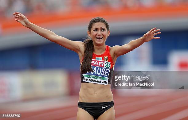 Gesa-Felicitas Krause of Germany celebrates winning gold in the final of the womens 3000m steeplechase on day five of The 23rd European Athletics...