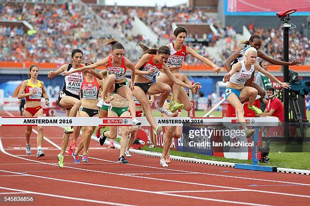 Luiza Gega of Albania and Gesa-Felicitas Krause of Germany in action during the final of the womens 3000m steeplechase on day five of The 23rd...