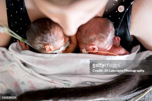 premature twin babes are both held - tweeling stockfoto's en -beelden