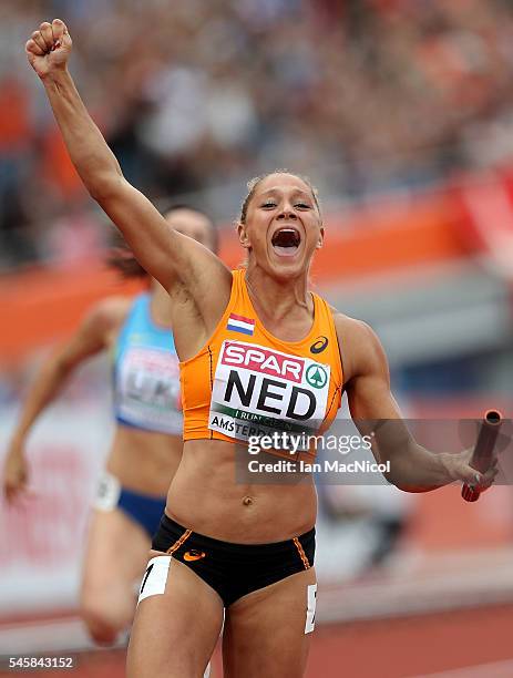 Naomi Sedney of The Netherlands celebrates after winning gold in the final of the womens 4x100m relay on day five of The 23rd European Athletics...