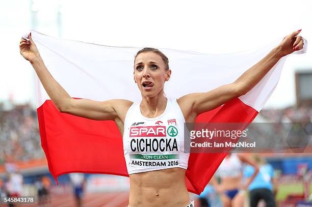 Angelika Cichocka of Poland celebrates after winning gold in the final of the womens 1500m on day five of The 23rd European Athletics Championships...