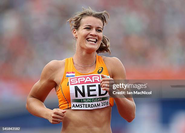 Dafne Schippers of The Netherlands celebrates after winning gold in the final of the womens 4x100m relay on day five of The 23rd European Athletics...