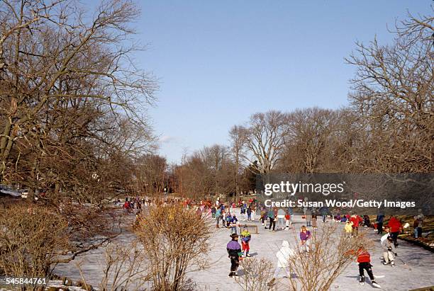 View of people skating on the pond, East Hampton, New York, January 1992.