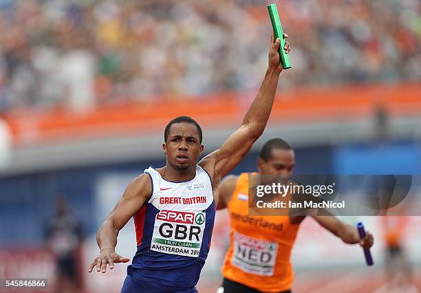 Chijindu Ujah of Great Britain celebrates after winning goal in the final of the mens 4x100m relay on day five of The 23rd European Athletics...