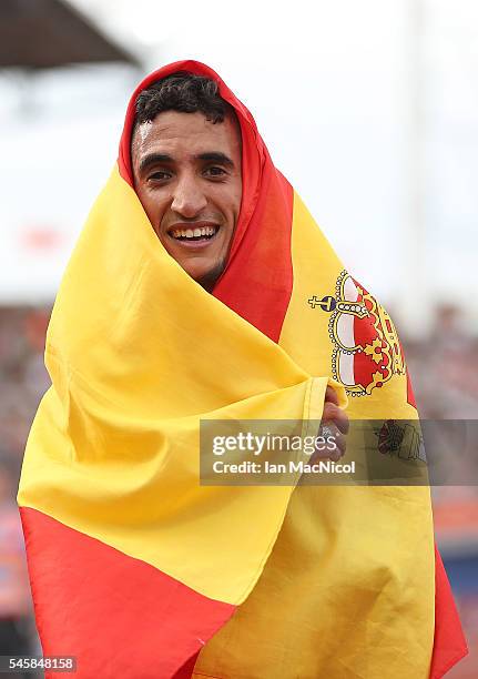 Ilias Fifa of Spain celebrates after winning gold in the final of the mens 5000m on day five of The 23rd European Athletics Championships at Olympic...