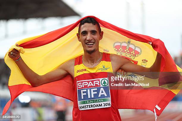 Ilias Fifa of Spain celebrates after winning gold in the final of the mens 5000m on day five of The 23rd European Athletics Championships at Olympic...