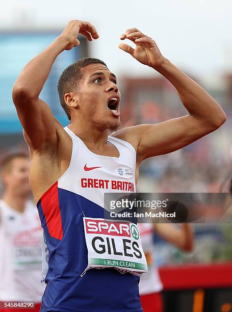 Elliot Giles of Great Britain celebrates winning bronze in the final of the mens 800m on day five of The 23rd European Athletics Championships at...