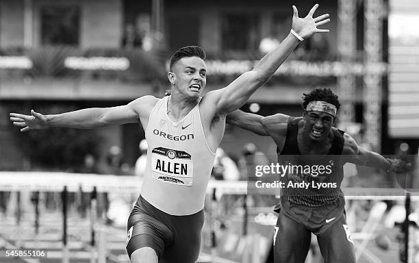 Devon Allen crosses the finishline to place first in the Men's 110 Meter Hurdles Final during the 2016 U.S. Olympic Track & Field Team Trials at...