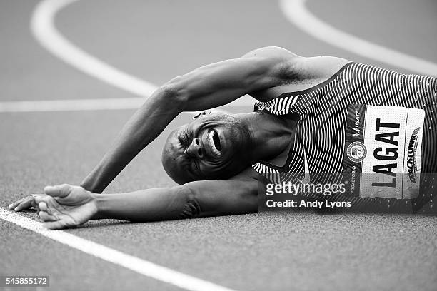 Bernard Lagat, first place, celebrates after the Men's 5000 Meter Final during the 2016 U.S. Olympic Track & Field Team Trials at Hayward Field on...