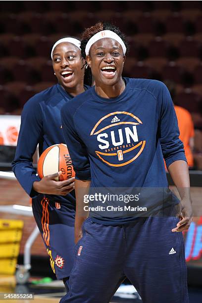 Aneika Henry-Morello and Chiney Ogwumike of the Connecticut Sun are seen before the game against the Atlanta Dream on July 10, 2016 at Mohegan Sun...