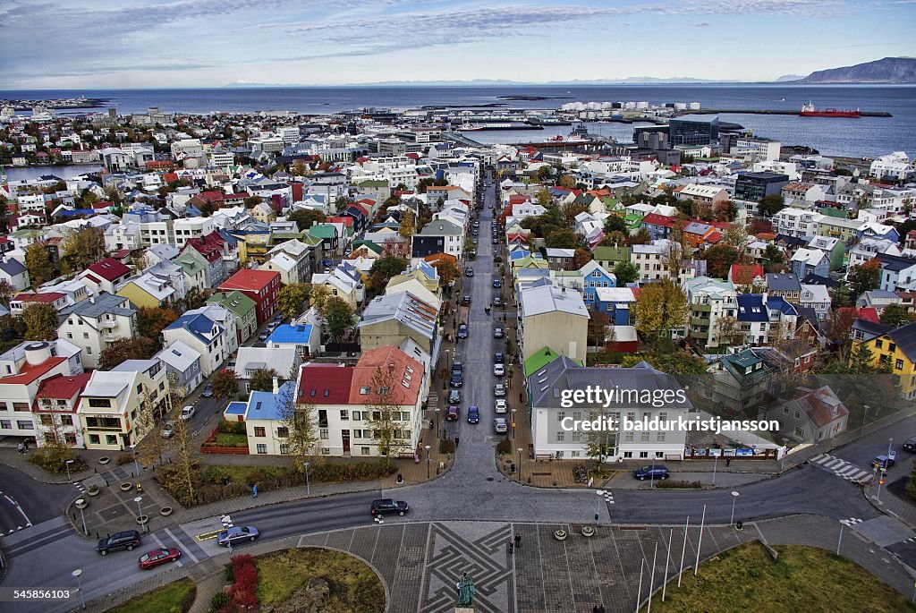 Iceland, Reykjavik, bird's eye view over classical old center