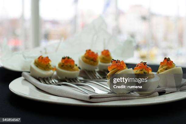 boiled eggs with caviar - hard boiled eggs imagens e fotografias de stock