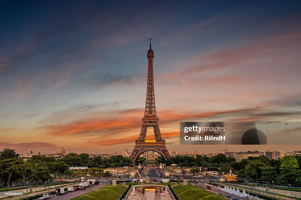 France, Paris, Eiffel Tower against moody sky