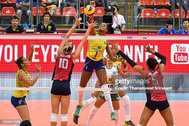 Fabiana Claudino of Brazil hits the ball during day five of the FIVB World Grand Prix Group 1 Final on July 10, 2016 in Bangkok, Thailand.