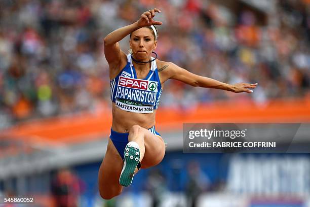 Greece's Paraskevi Papahristou competes in the women's triple jump final during the European Athletics Championships at the Olympic Stadium in...