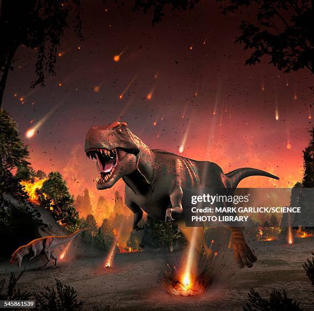 tyrannosaurs fleeing a hail of meteorites - asteroid stock illustrations