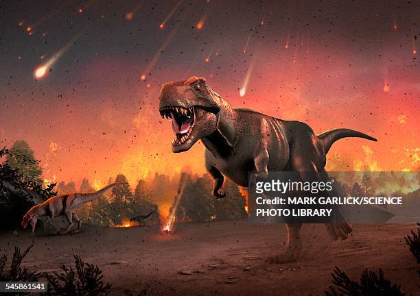 ilustrações, clipart, desenhos animados e ícones de tyrannosaurs fleeing a hail of meteorites - animal extinto