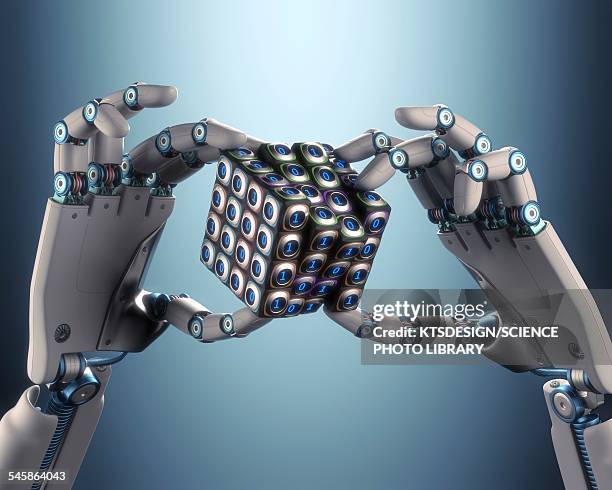 robotic hand holding cube, illustration - cyborg stock-grafiken, -clipart, -cartoons und -symbole