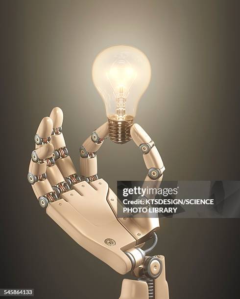 robotic hand holding a light bulb - engineering machinery stock illustrations