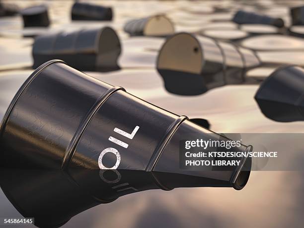oil barrels floating, illustration - oil barrels stock illustrations