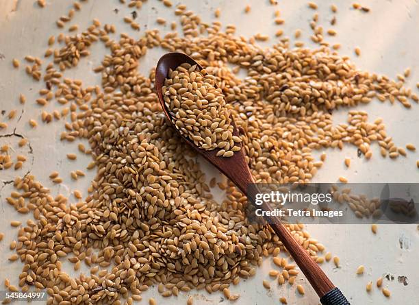 flax seeds and wooden spoon on white - flachs stock-fotos und bilder