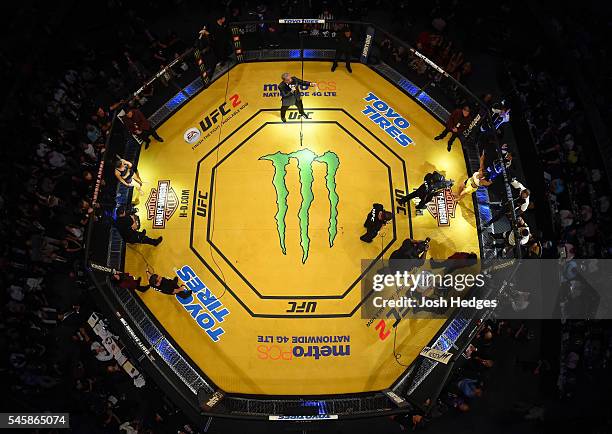 An overhead view of the Octagon as Bruce Buffer introduces Amanda Nunes before the main event UFC women's bantamweight championship bout during the...