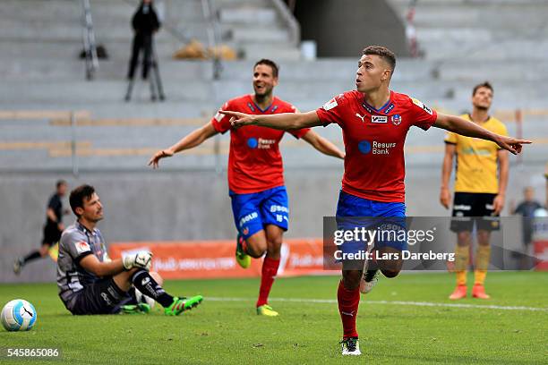 Jordan Larsson of Helsingborgs IF is celebrate his 2-1 goal during the Allsvenskan match between Helsingborgs IF and Elfsborg at Olympia on July 10,...