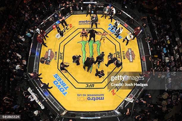 An overhead view of the Octagon as Amanda Nunes of Brazil is declared the winner over Miesha Tate in the main event UFC women's bantamweight...