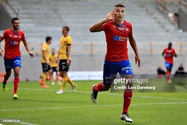 Jordan Larsson of Helsingborgs IF is celebrate his 2-1 goal during the Allsvenskan match between Helsingborgs IF and Elfsborg at Olympia on July 10,...