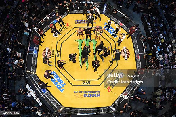 An overhead view of the Octagon as Amanda Nunes of Brazil is declared the winner over Miesha Tate in the main event UFC women's bantamweight...