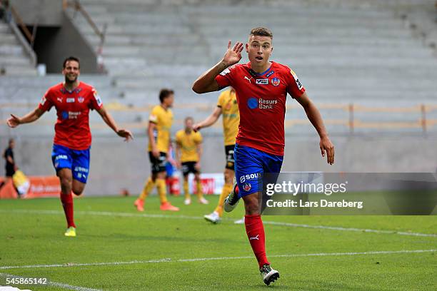 Jordan Larsson of Helsingborgs IF is celebrate his 2-1 goal during the Allsvenskan match between Helsingborgs IF and Elfsborg at Olympia on July 10,...