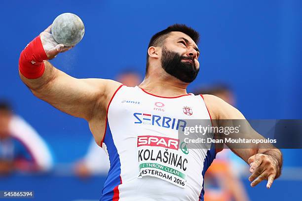 Asmir Kolasinac of Serbia in action during the final of the mens shot put on day five of The 23rd European Athletics Championships at Olympic Stadium...