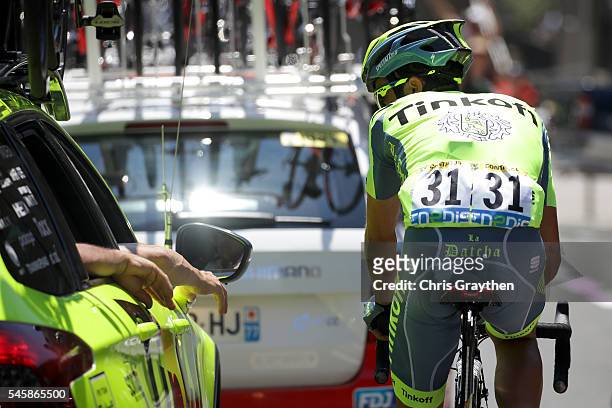 Alberto Contador of Spain riding for Tinkoff talks with his team car during stage nine of the 2016 Le Tour de France, a 184.5km stage from Vielha Val...