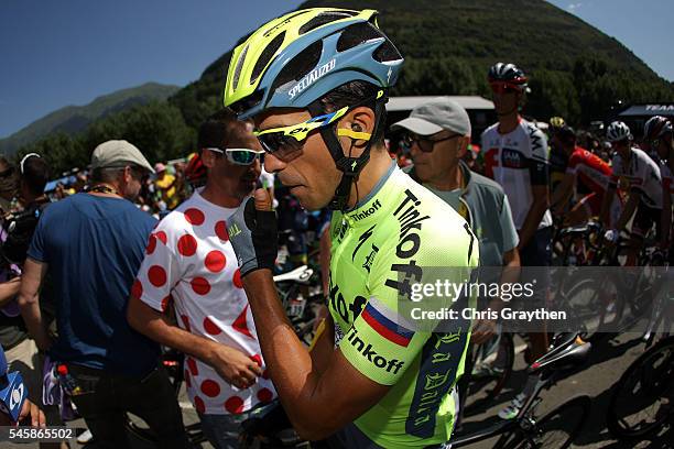 Alberto Contador of Spain riding for Tinkoff prepares to start stage nine of the 2016 Le Tour de France, a 184.5km stage from Vielha Val d'Aran to...