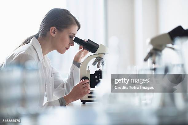 usa, new jersey, female lab technician analyzing sample through microscope - mikroskop stock-fotos und bilder