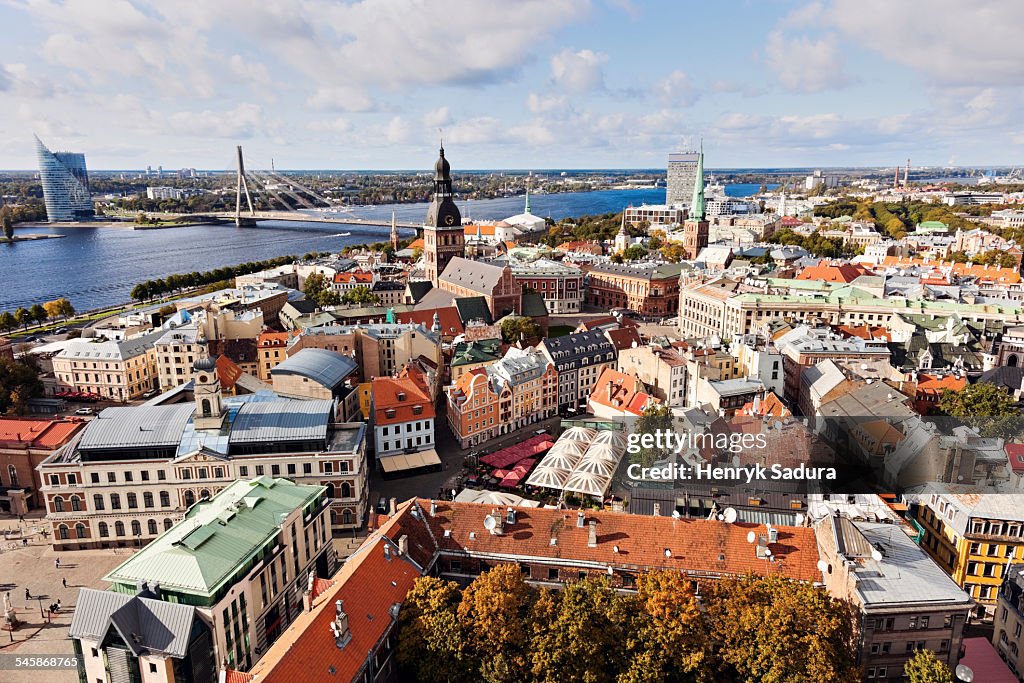 Latvia, Riga, Cityscape of old town and river in distance