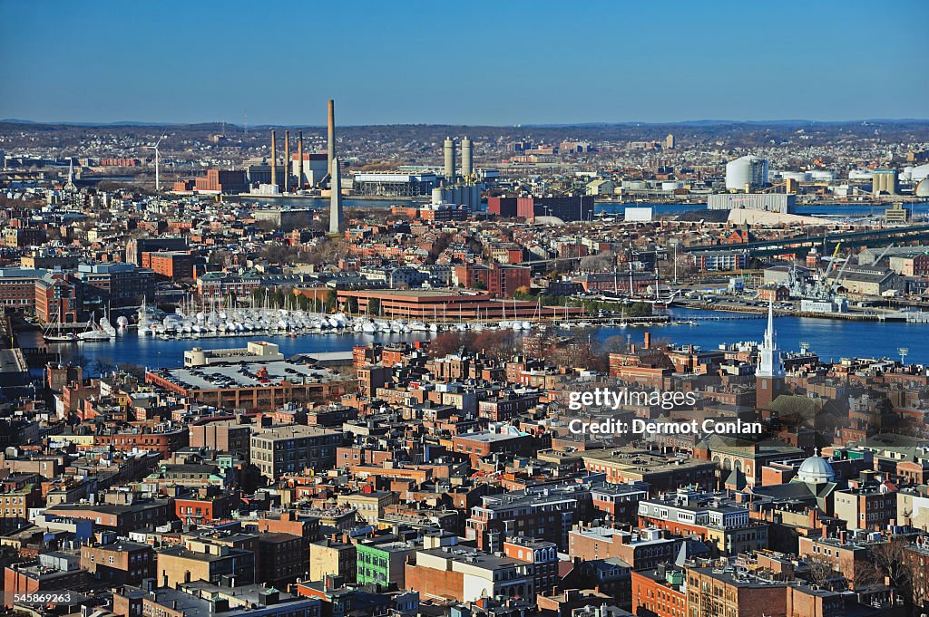 USA, Massachusetts, Boston, Aerial view of North End and Charlestown areas of Boston