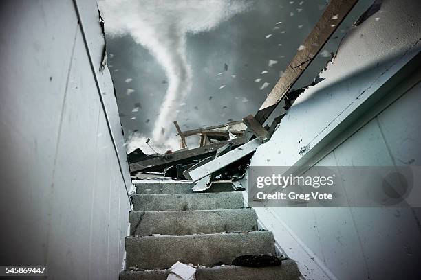 usa, illinois, demolished staircase of house during tornado - flooded basement stock pictures, royalty-free photos & images