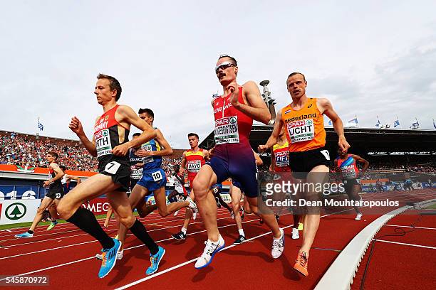 Florian Orth of Germany leads the field during the final of the mens 5000m on day five of The 23rd European Athletics Championships at Olympic...