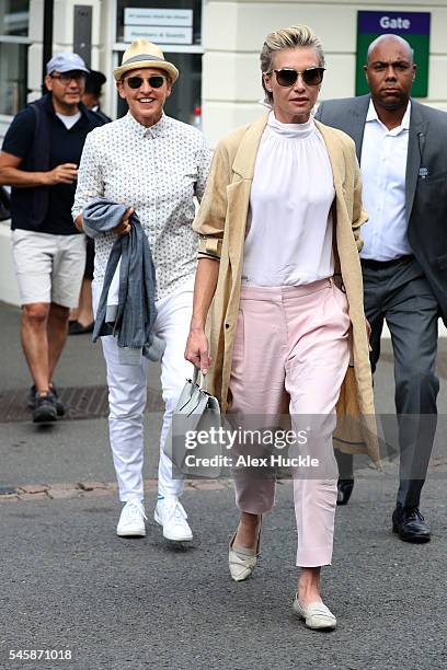 Ellen DeGeneres and Portia de Rossi seen leaving Wimbledon on July 10, 2016 in London, England.