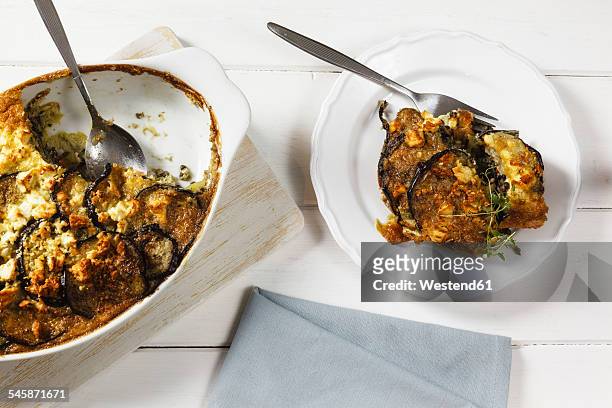 vegetarian moussaka with aubergines, potatoes and lentils - moussaka stock pictures, royalty-free photos & images