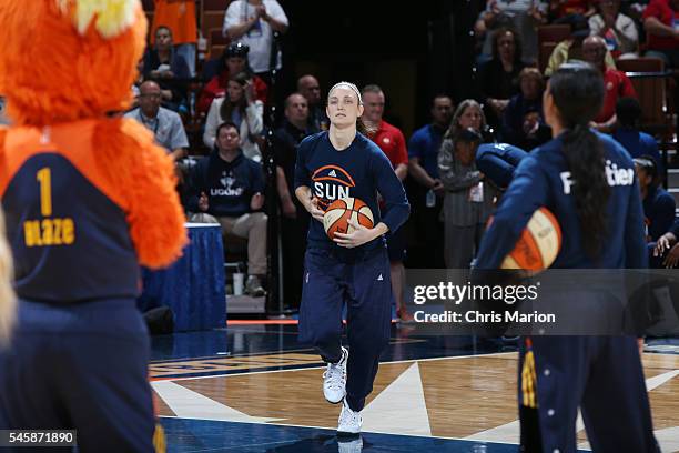 Kelly Faris of the Connecticut Sun gets introduced before the game against the Atlanta Dream on July 10, 2016 at Mohegan Sun Arena in Uncasville, CT....