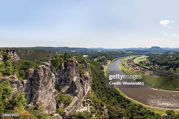 germany, saxony, saxon switzerland, view from the bastei over the elbe valley - sandstein stock-fotos und bilder