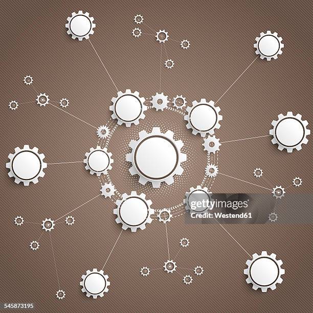 connected gears, vector illustration - brown background stock illustrations