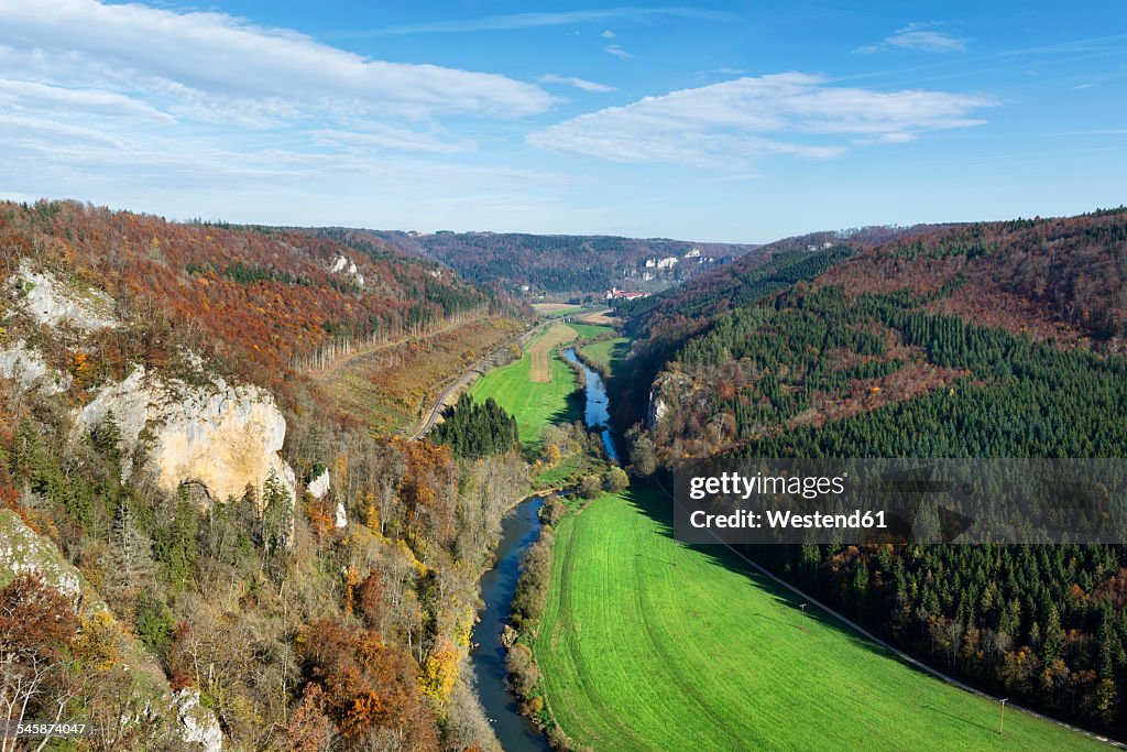 Germany, Baden Wuerttemberg, Tuttlingen District, Upper Danube Nature Park, View of Upper Danube Valley in autumn