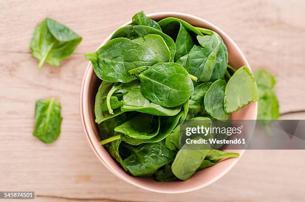 bowl of fresh spinach leaves on wood - spinach fotografías e imágenes de stock